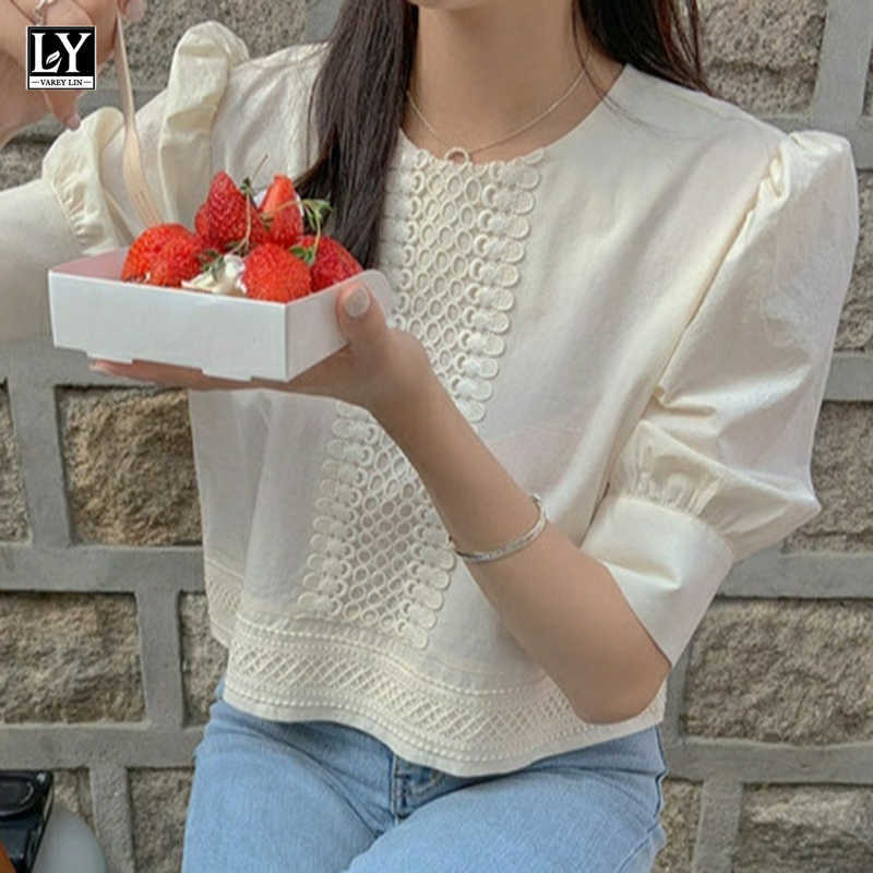LY VAREY LIN Summer Women Sweet O-neck Puff Sleeve Tops Elegant Lace Loose Office Lady Tender Apricot Short Shirts 210526