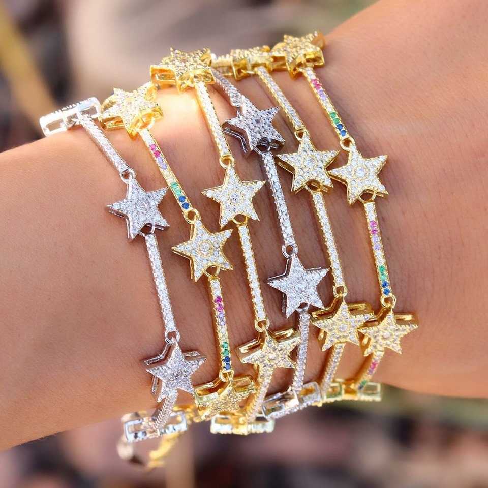 Star Bar Link Chain Bracelet Tennis Chain Paved Tiny Sparking Shiny CZ Stone Stars Bracelets For Women Simple Jewelry Party 210609