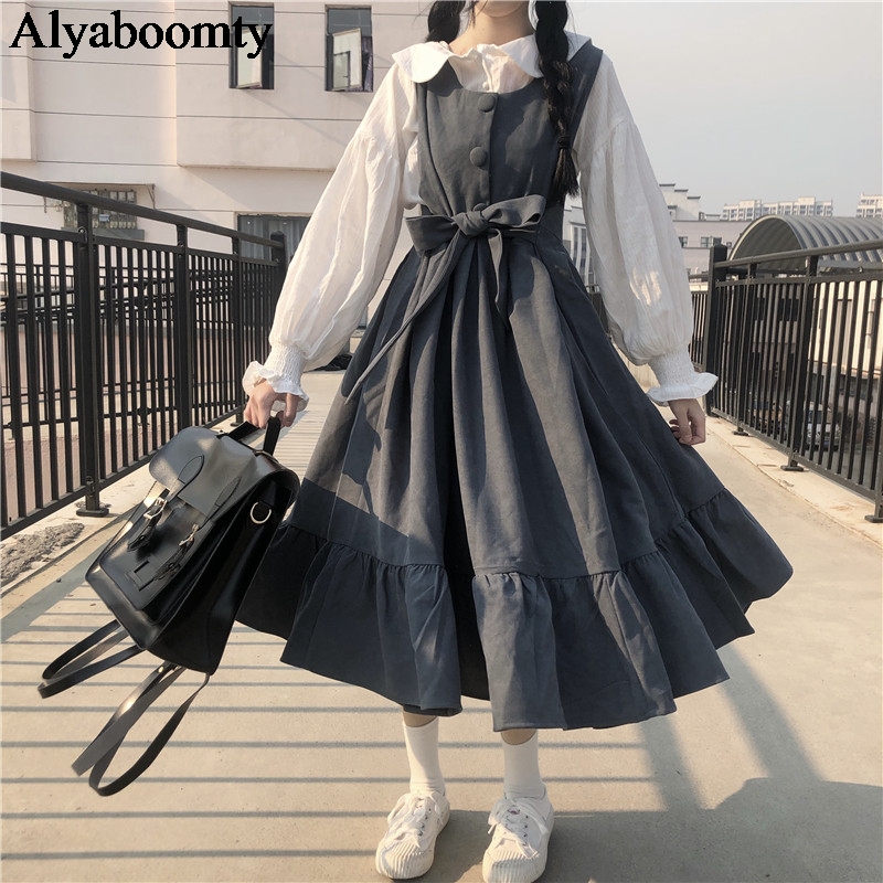 2021japanese harajuku lolita style women long sundress black gray blue oversized sleeveless dress cute kawaii ruffles sashes dresses 
2021japanese harajuku lolita style women long sundress black gray blue oversized sleeveless dress cute kawaii ruffles sashes dresses