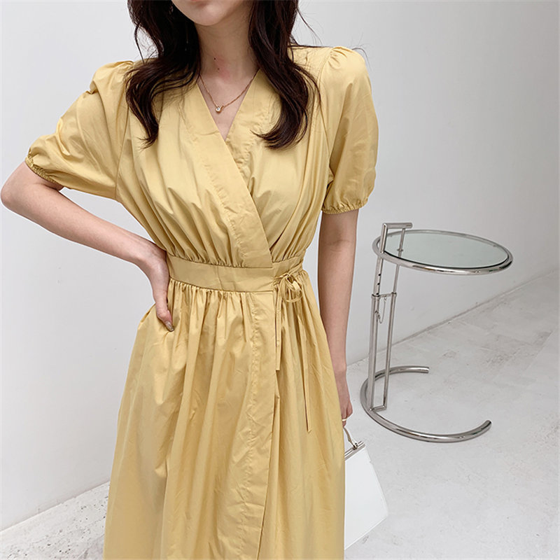 Korean High Waist Feminine Puff Sleeve Solid Chic Women Dresses Summer Waist-Controlled Long Dress Female 210421