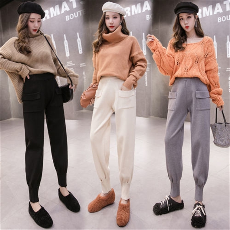 Nomikuma Spring Autumn Knitted Harem Pants Korean Double Pockets Solid Causal Ankle Trousers New Women Sweater Pants 6E258 210427