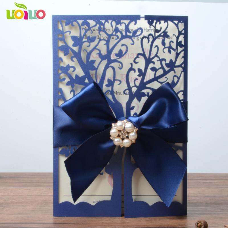 

Greeting Cards DIY 25set Customize Inc252 Navy Blue Tree Laser Cut Wedding Invitation Card+tied Bow+big Rhinestone+printing Card+envelope Se