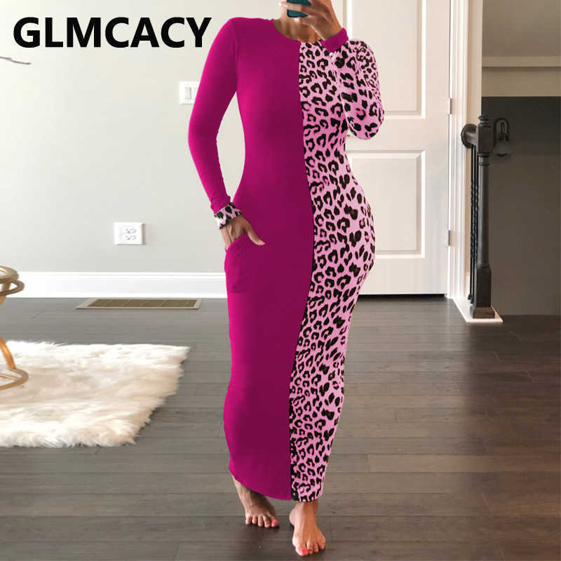 Women Casual Long Sleeve Dress Leopard Colorblock Slim Maxi Dresses 210702