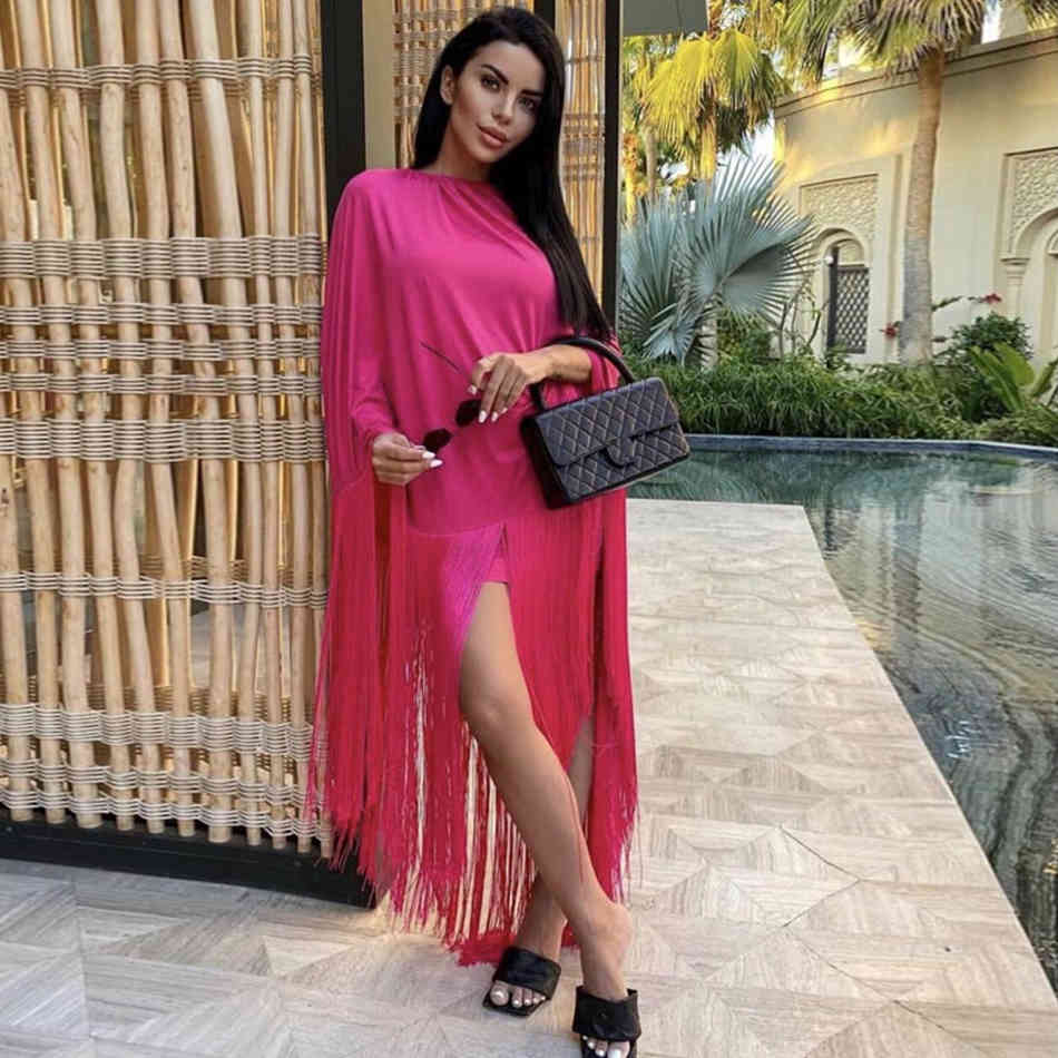 Free Chic Women Loose Dress Elegant O-Neck Spaghetti Strap Bodycon & Tassel Cloak Long Top Two Piece Set 210524