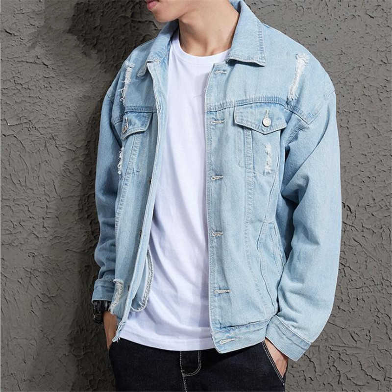Cotton Solid Denim Jacket Mens Spring Autumn Casual Slim Fit Bomber Jackets Mens Hole Jean Jacket Mens Outwear Male Cowboy SH190902