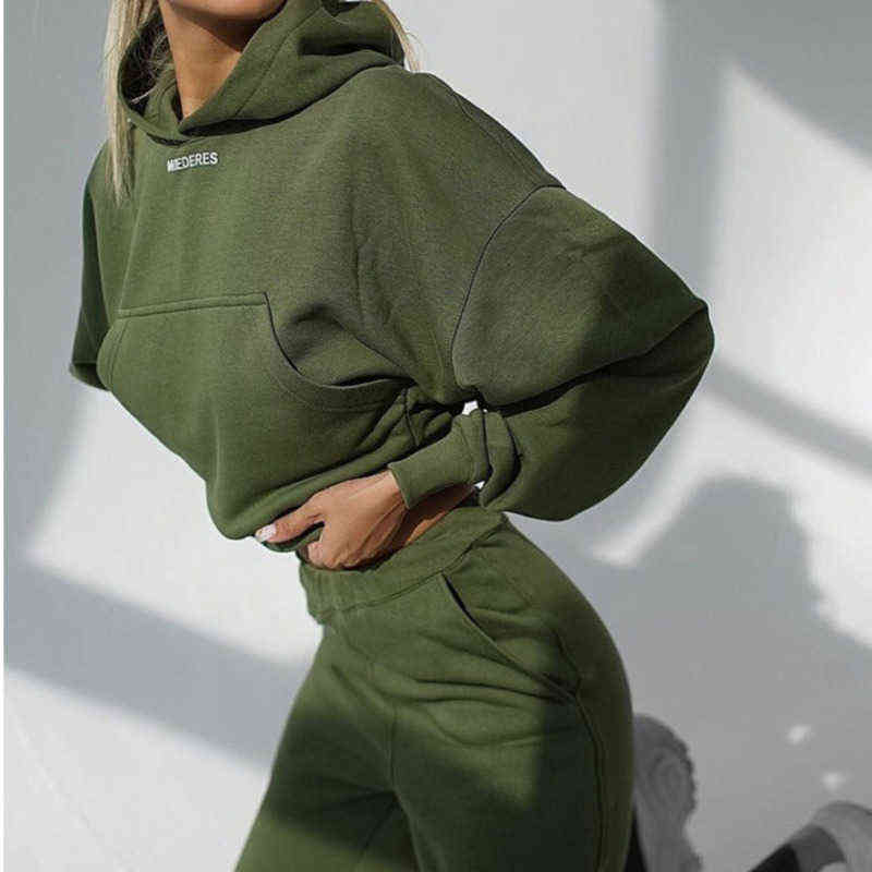 Autumn Winter Fashion Tracksuit Women Letter Print Pullover Coat with Hood Two Pieces Set Hoodies Casual Trousers Suit Sweatsuit 211105