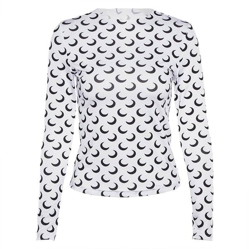Summer Fashion T Shirt Moon Print Tight Sexy Short Paragraph Bottoming Long Sleeve Women's Clothing Tshirt Elegant Tops 210406