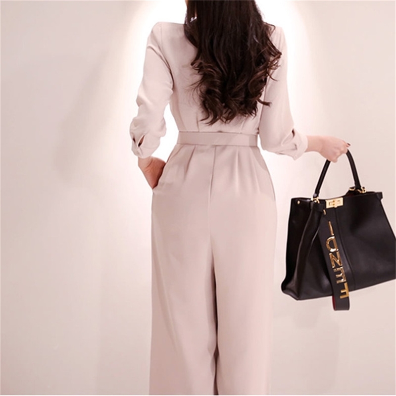Spring Women Fashion Elegant Office OL Workwear Casual Jumpsuits Long Sleeve Wide Leg Romper With Belt 210519
