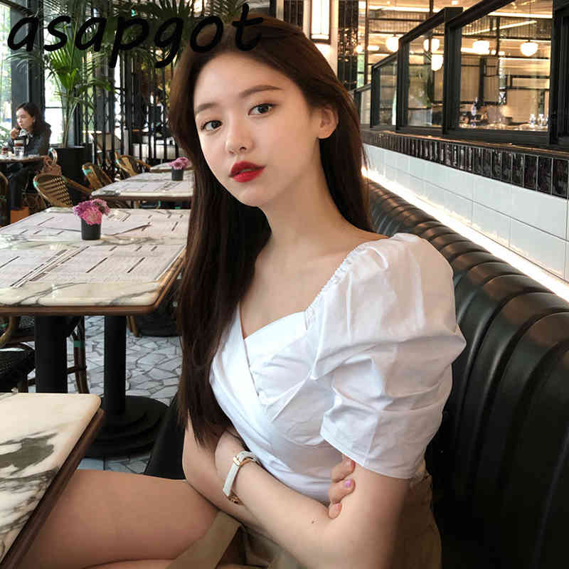 Summer V Neck Puff Short Sleeve White Blouse Tops Shirts High Waist Khaki Irregular Skirt s Streetwear Retro Casual 210429