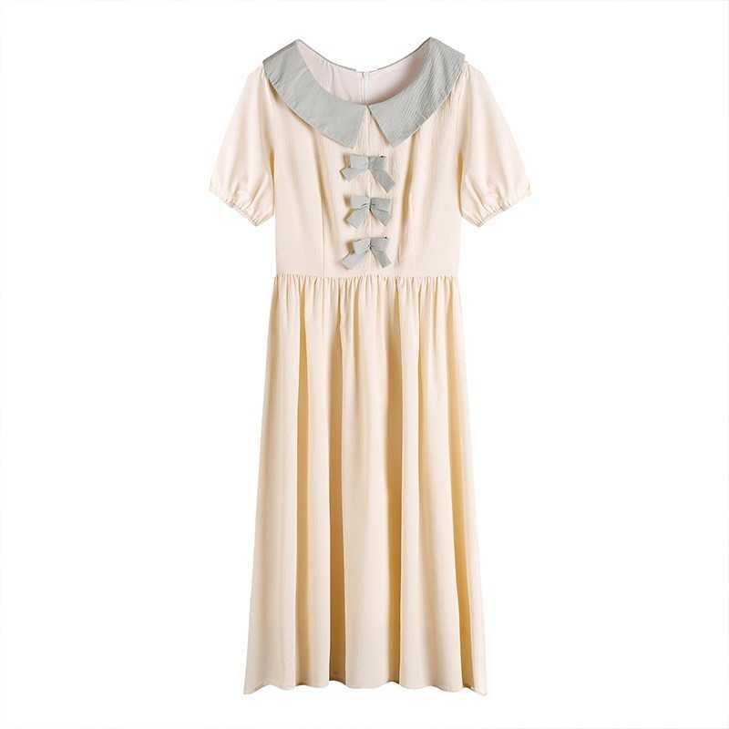 Summer Sweet Preppy Style Dresses for Women Bow Decoration Peter Pan Collar Elegant Fresh Silm Waist Vestidos 210525