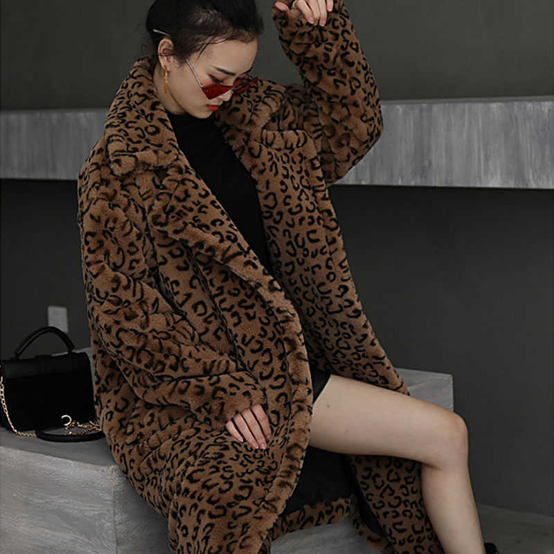 Winter Thick Warm Leopard Long Teddy Fur Coat Women Outerwear High Quality Loose Suit Collar Faux Rabbit Fur Jacket Female 211019