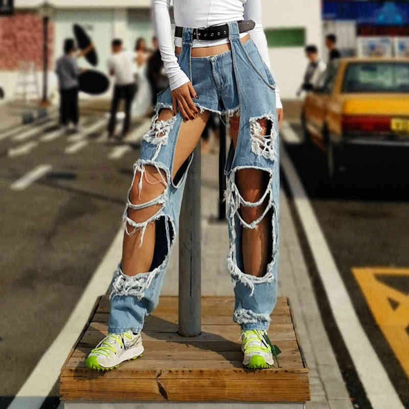 Ripped Hole Irregular Women's Straigth Pants High Waist Asymmetrical Tassel Full Length Pant For Female Fashion 210521