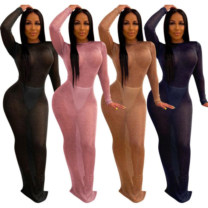 Women Sexy Club Seee-through Maxi Dress Long Sleeve Bodycon Evening Party Casual Dresses