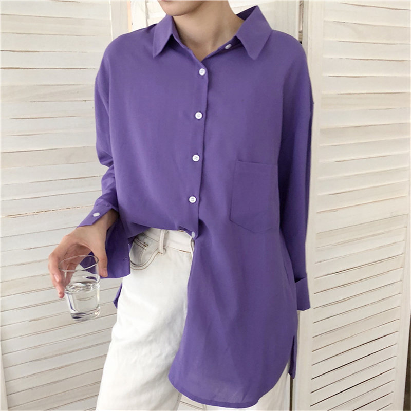 Stylish Purple Clean Women Fashion Loose Brief Solid Office Ladies Simple Pockets Fresh Chic All Match Shirts 210421