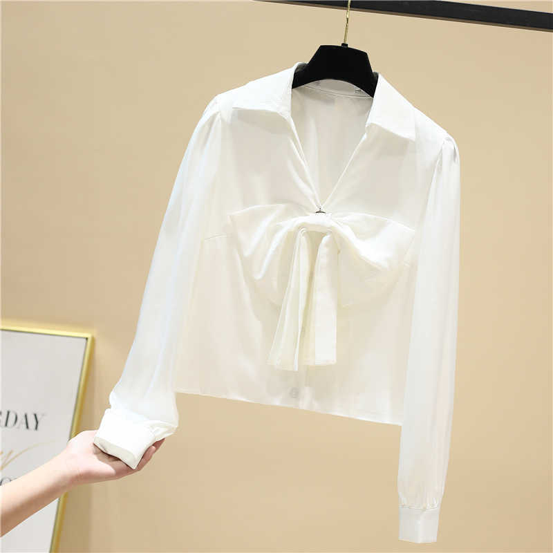 White Bow Full Turn Down Collar Shirt Women's Spring Loose Short Top 210615
