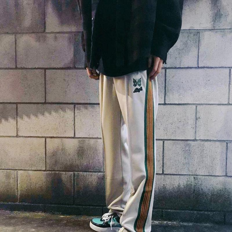 Streetwear AWGE Needles Sweatpants Women Men Striped Zipper Black Apricot Pants Butterfly Embroidery Joggers Men's