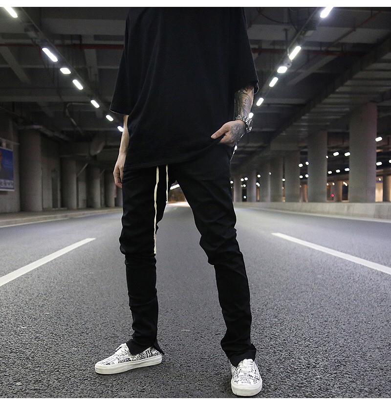 The Same Drawstring Lengthened Black All-match Zipper Slim Stretch Foot Pants High Street Fashion Brand Casual Men's