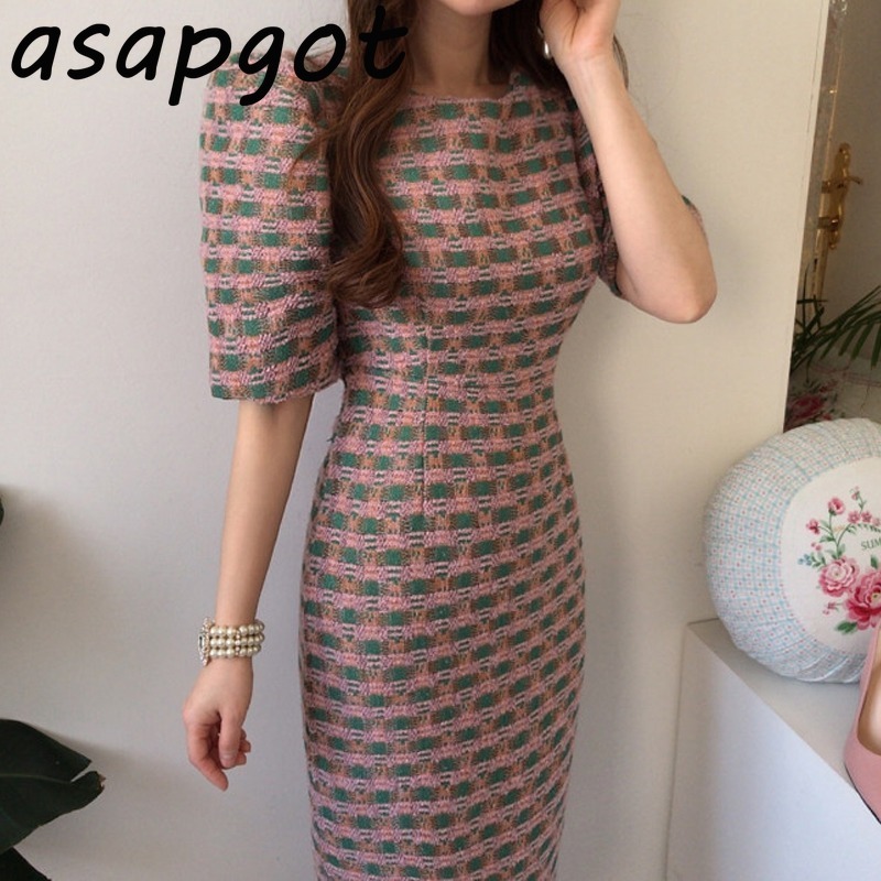 Dress Casual Oversize O Neck Puff Short Sleeve Plaid Women Chic Korean Bow Back Lace Up Retro Vestidos Mujer Fashion 210429