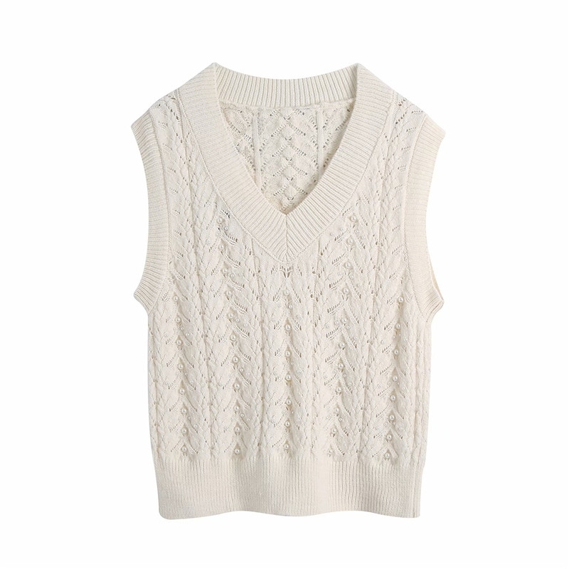 Sweet Women Solid Sweater Vest Fashion Ladies Pearl Knitted Tops Elegant Female Chic White V-Neck Pullovers 210430