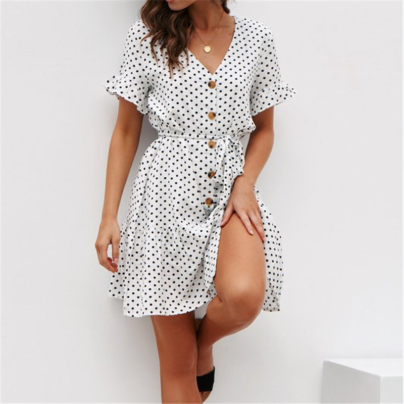 Chiffon Summer Dress Women Polka Dot Boho Beach Dress Vintage Short Sleeve Sexy Party Dresses Mini Sundress Plus Size 210331Z