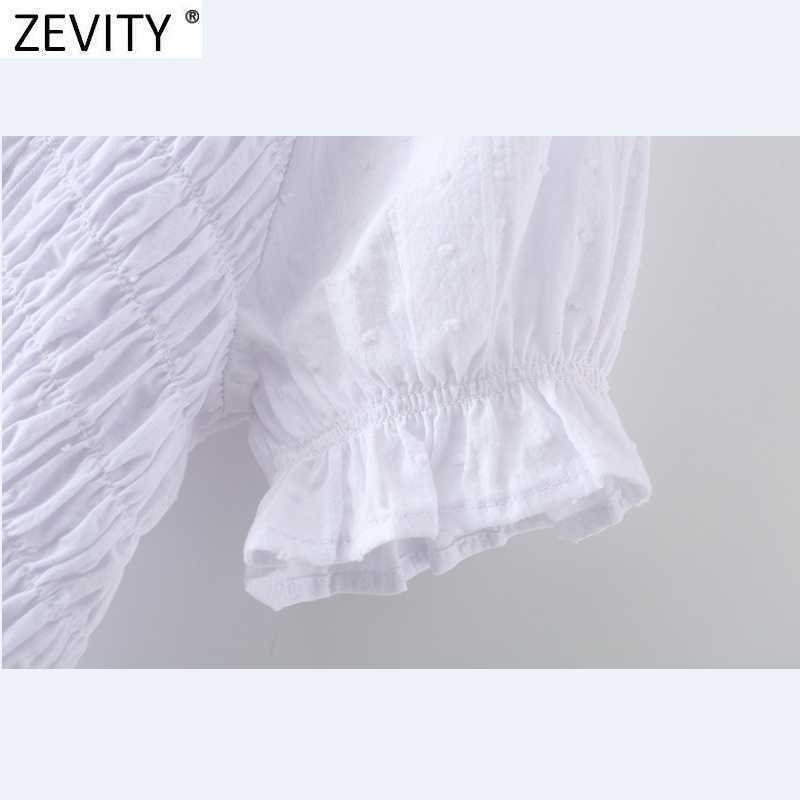 Zevity French Style Women V Neck Elastic Hem Ruffles Short Smock Blouse Female Puff Sleeve White Shirt Chic Blusas Tops LS9156 210603