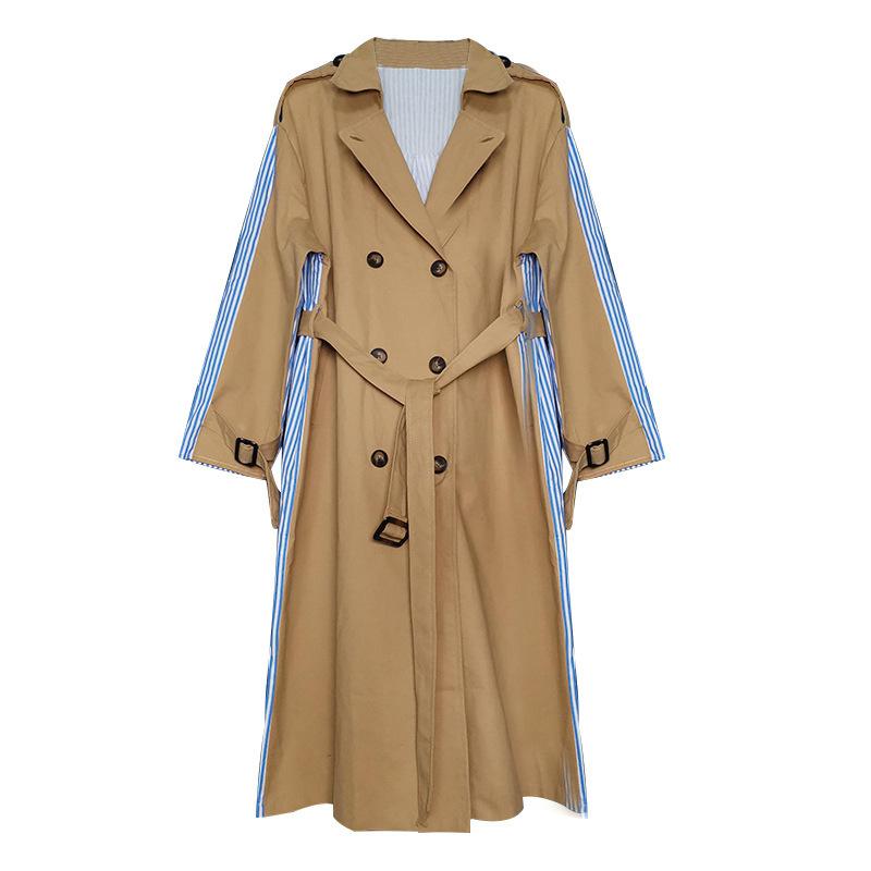 Women's Trench Coats Cotton Striped Spliced Women With Belt Turn-down Collar Double Breasted Lady Casual Long Overcoats, Black 
Women's Trench Coats Cotton Striped Spliced Women With Belt Turn-down Collar Double Breasted Lady Casual Long Overcoats, Black