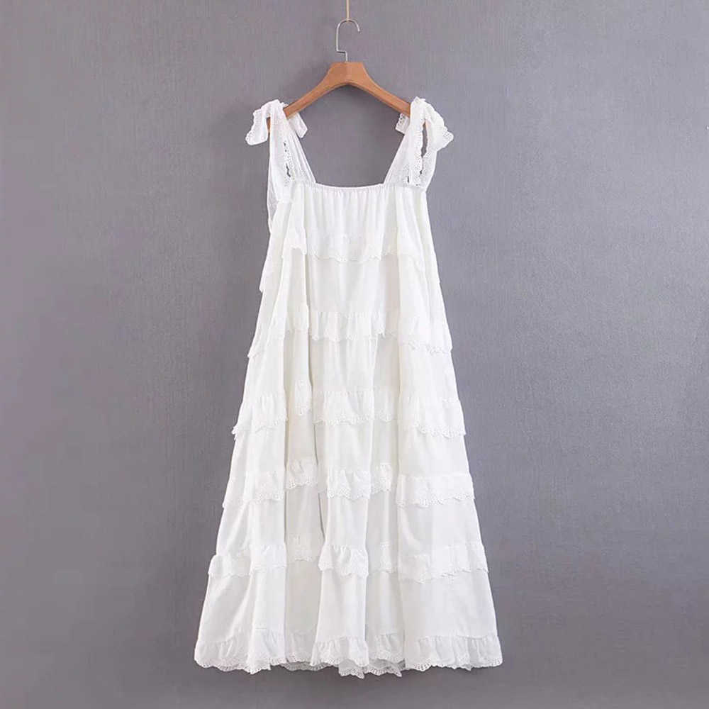 Jocoo Jolee Women Elegant Strap Backless Loose Long Dress Casual Sweet Lace Ruffles Midi Dress Vintage White Vestidos Mujer 210619