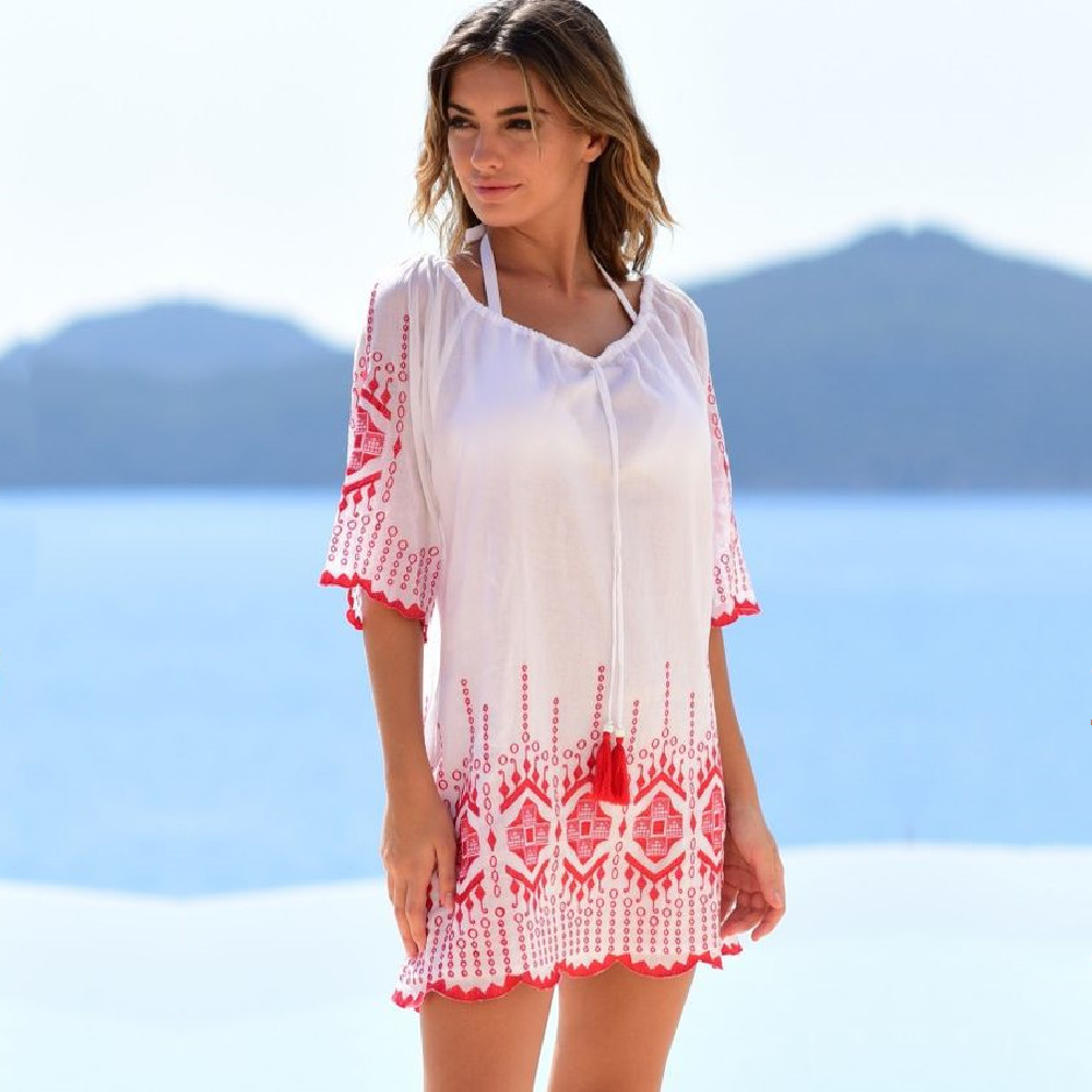 Cotton Beach Tunic Dress Embroidery Coverup for Women Pareo de Plage Swimsuit Cover up Sarongs Swimwear Kaftan #Q869 210420
