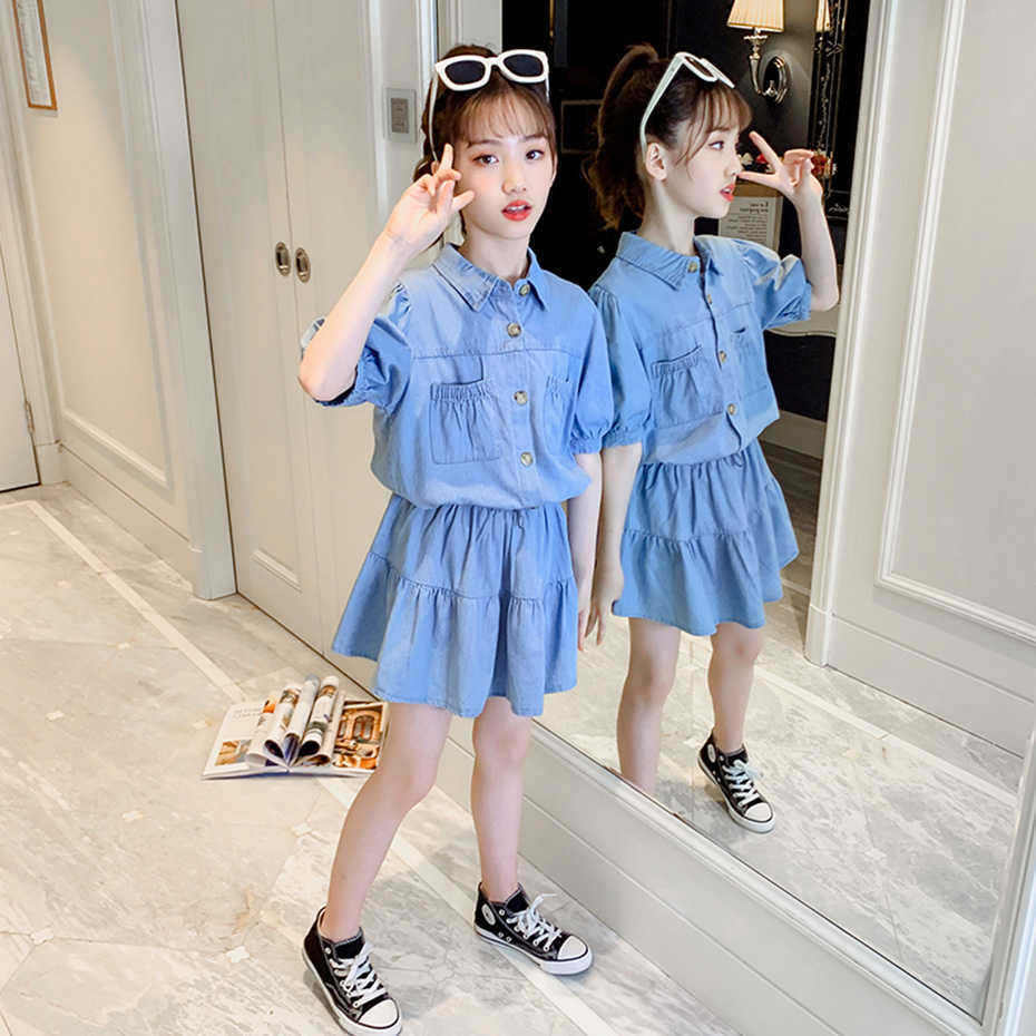 Kids Clothes Girls Denim Tshirt + Short Teenage Clothing Casual Style Sets Summer Children's 6 8 10 12 14 210528