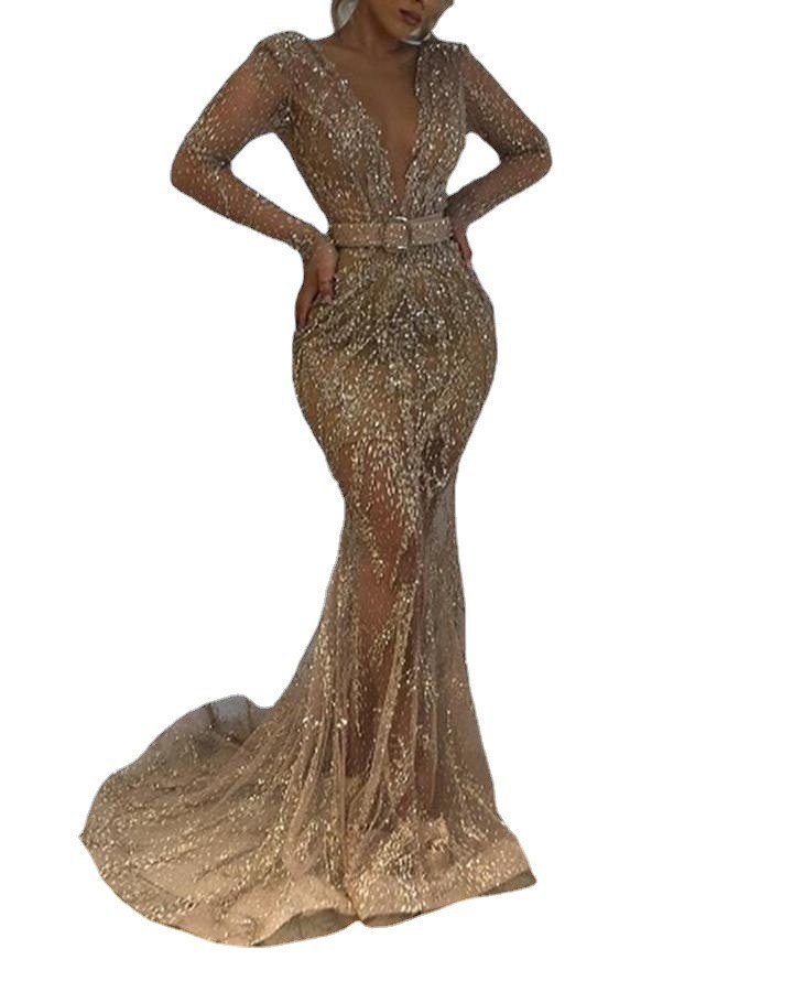 Women Dress V-neck Long Sleeve Sequins Prom Dresses Plus Size Vintage Perspective Fashion 210524