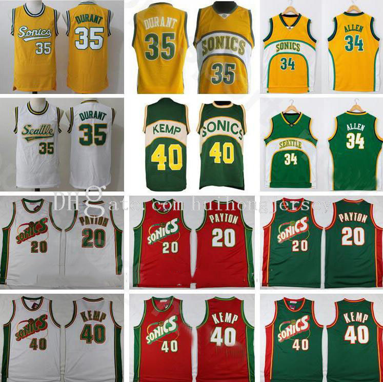 New Stitched Best Quality Men Basketball Shawn Kemp Jersey Gary Payton Kevin Durant Ray Allen Stitched Green Yellow White Red Home Away, 20 red