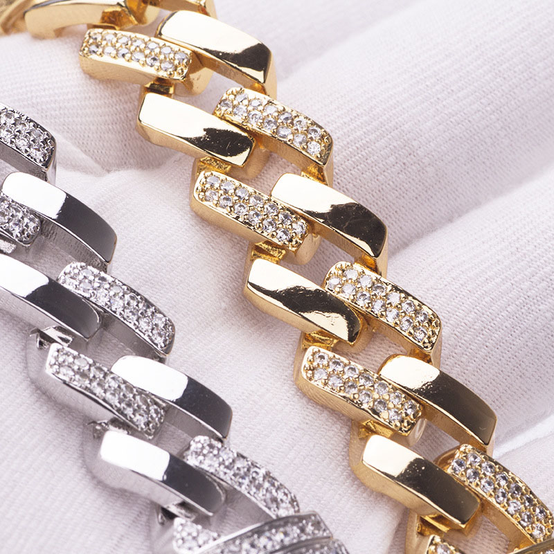 14mm Iced Out Square Cuban Miami Link Chain Bangle Bracelet for Men 18K Gold Plated New Fashoin Micro Paved AAA Cubic Zirconia Bling Hip Hop Rapper Pu