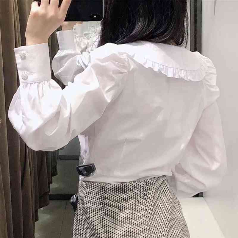 Elegant Women Solid White Patchwork Shirts Fashion Ladies Pearl Button Tops Streetwear Female Chic Ruffles Blouses 210430