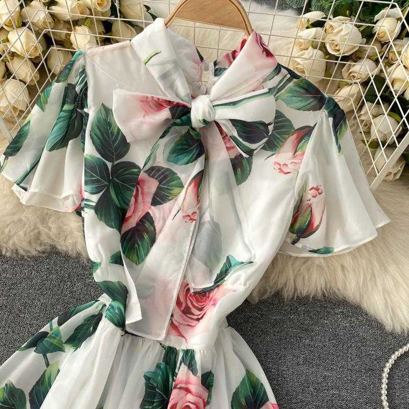 Fashion Elegant A-line Dress Women Bow Neck Print Sweet Lace Up Holiday Vintage Clothes Vestidos De Mujer Q638 210527