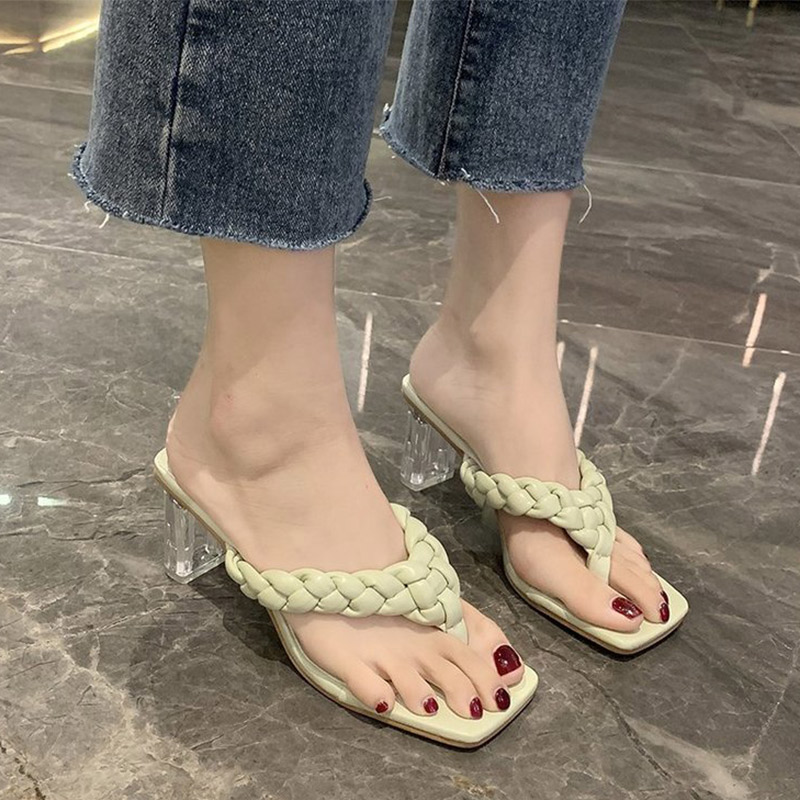 Ladies Fashion High Heels Slippers PU Leather Weave Women Square Toe Slipper Flip Flop Women's Casual Shoes Female 2021 Summer rtyh454w2