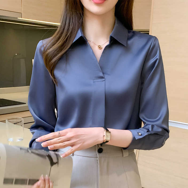 Korean Women Shirts Silk Blouses for Long Sleeve Tops Woman White Plus Size Satin XXL 210604, Blue 
Korean Women Shirts Silk Blouses for Long Sleeve Tops Woman White Plus Size Satin XXL 210604, Blue