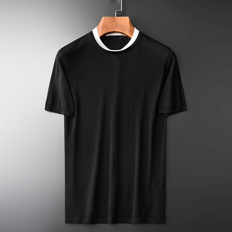tee shirt shirt Lyocell Knitting Mens Luxury Summer Round Collar Short Sleeve Tencel Men T-shirts Contrast Color T-shirt Man 4XL
