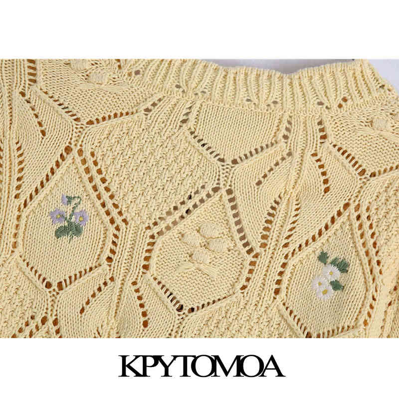 Women Fashion Floral Embroidery Cropped Knitted Cardigan Sweater Long Sleeve Female Outerwear Chic Tops 210420