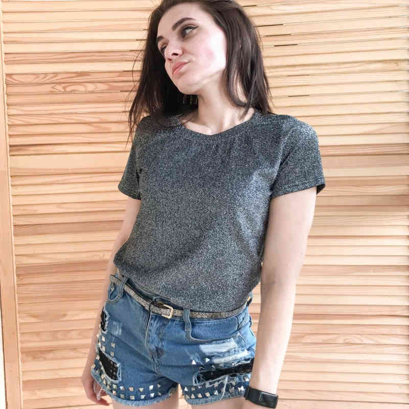 New Summer T Shirt Silver Shiny Lurex Women Casual Solid Short Sleeves Tops O-Neck Female Breathable Elasticity Tee S-3XL 210406