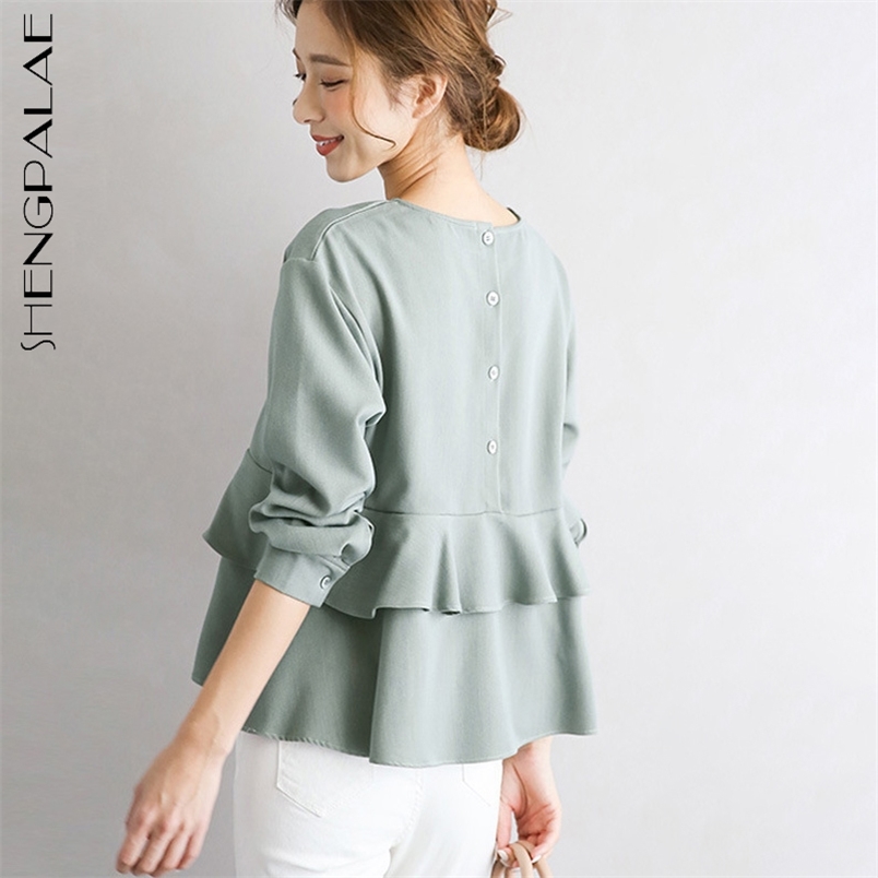 Patchwork Ruffles Pullover Blouse Women's Summer Round Neck Back Button Long Sleeve Shirt Female Tide 5E228 210427