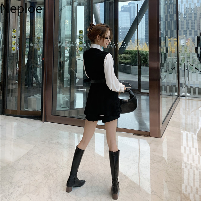 Neploe Spring Two-piece Set Fashiom Women Lantern Sleeve White Shirt Tops Knit Sweater Vest with Belted Femme 2 Piece Set 210422