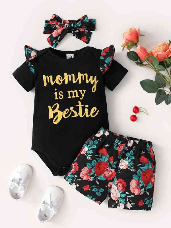 Baby Slogan And Floral Print Bodysuit & Shorts With Headband SHE