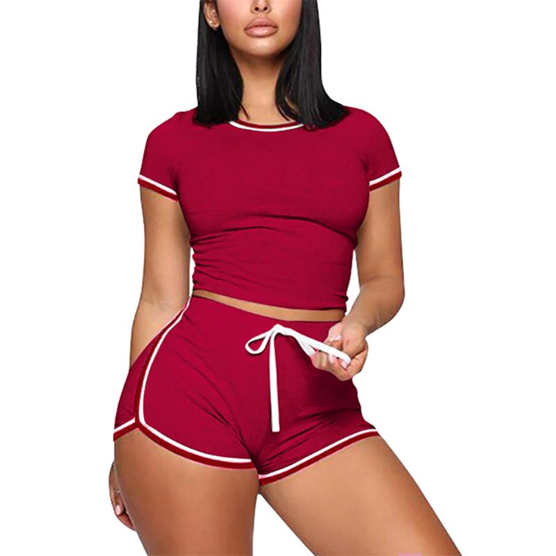 Casual Women Summer 2PCS Striped Yoga Set Girls Short Sleeve Top+Elastic Waist Fitness Shorts Exercise Running Gym Sports Sets Women's Track