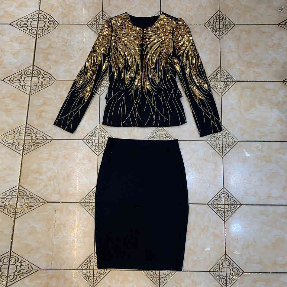 Free High Quality Sexy Party Set Long Sleeve Sequined Beaded Jacket & Tight Bandage Skirt Women Two-piece 210524