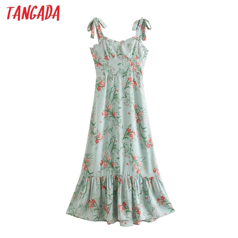 Summer Fashion Women Floral Print Chiffon Arrival Bow Strap Ladies Long Dress Vestidos 3D10 210416