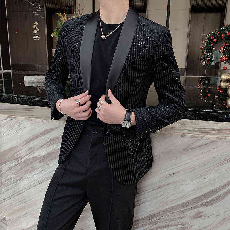 Spring Men Blazers Striped Casual Suit Jacket Sequins Stage Singer DJ Dress Coat Slim Fit Streetwear Social Costume Homme 211120