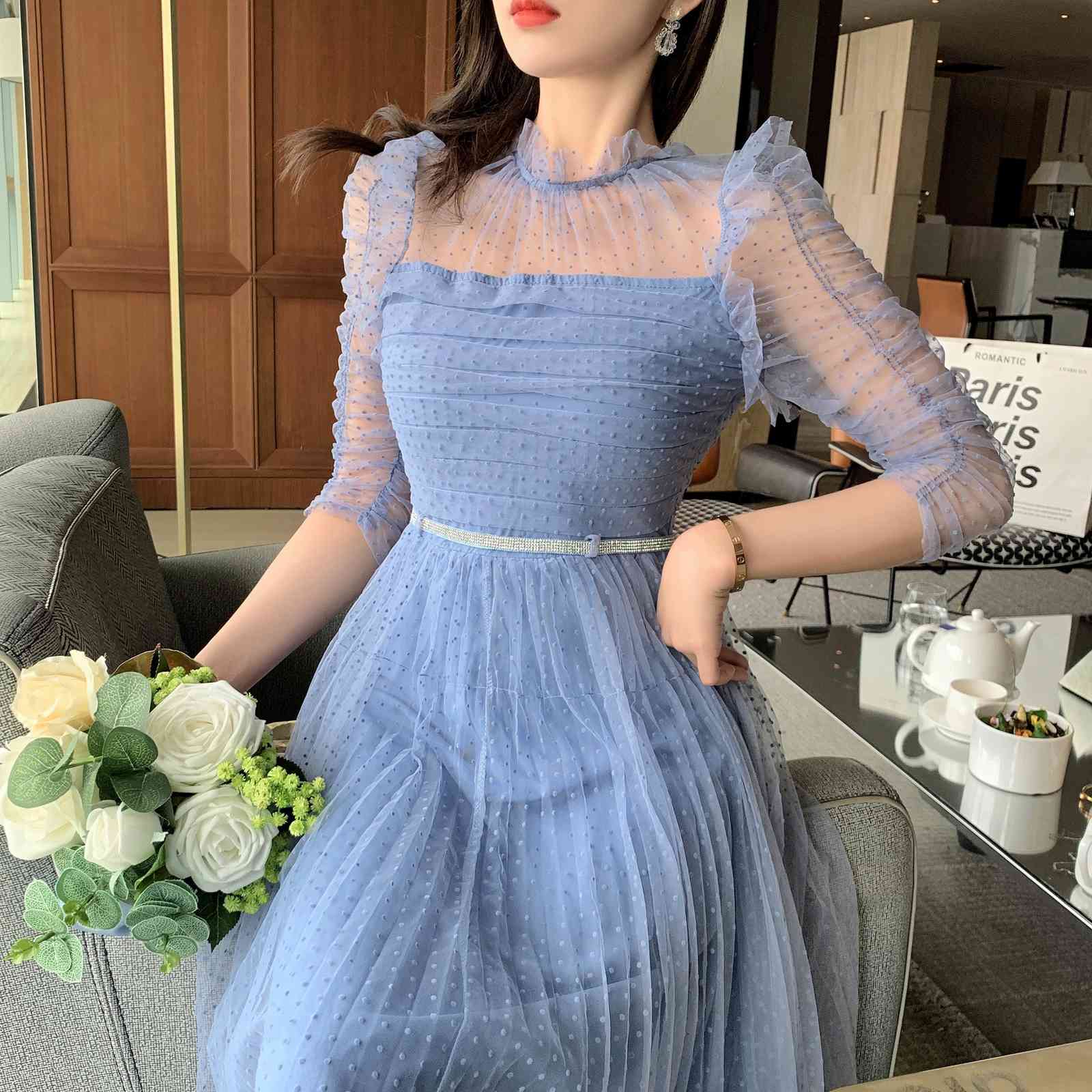 Summer Runway Polka Dot Mesh Dress Women Sexy See-Through Half Sleeve Diamonds Belt High Waist Long Pleated Dresses 210506