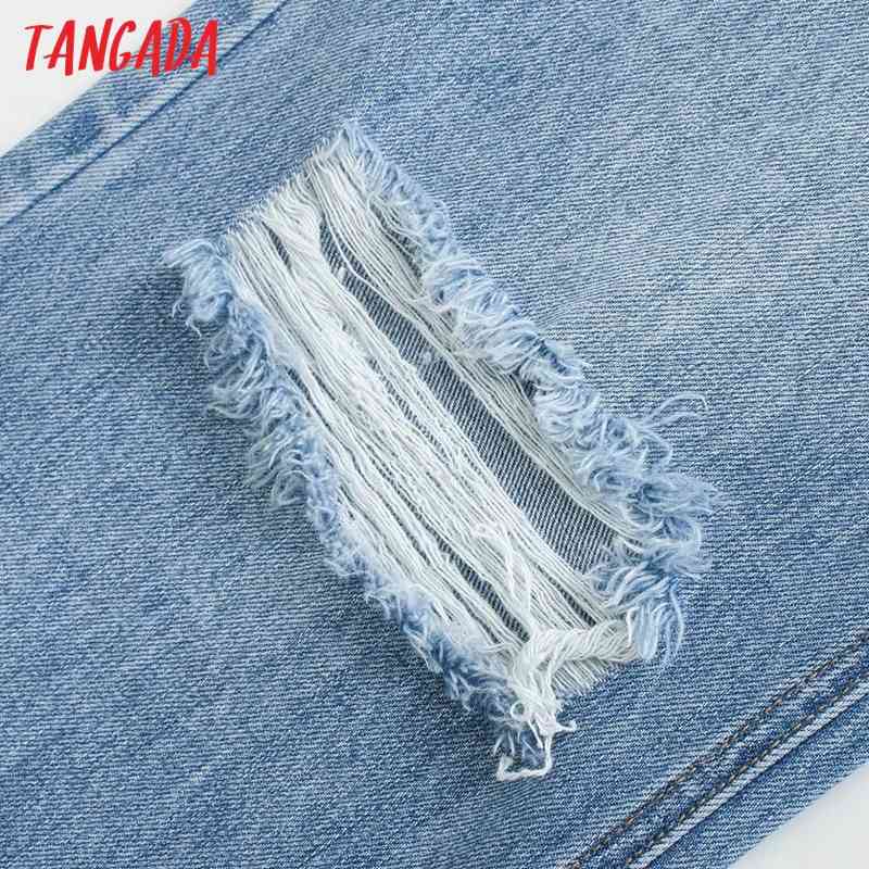 Fashion Women Hollow Ripped Blue Denim Jeans Trousers High Waist Lady Pants Pantalon 4M02 210416