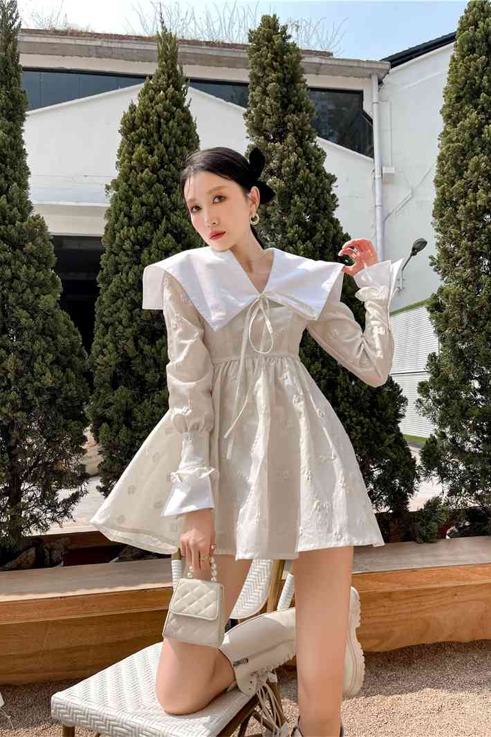 Sailor Collar Jacquard Long Sleeve Mini Dress Women Tie Neck Tunic A Line Fashion Korean Outfit Spring 210427