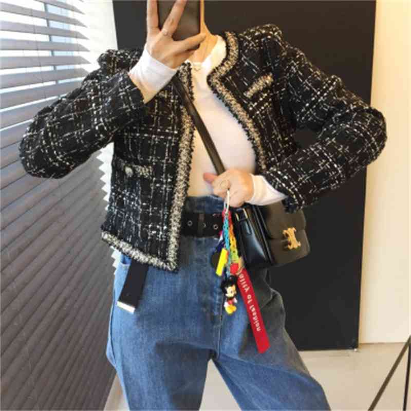 Korean Vintage Elegant Tweed Coats Jackets Women Autumn Winter Long Sleeve O-neck Fashion Ladies Jackets 210515